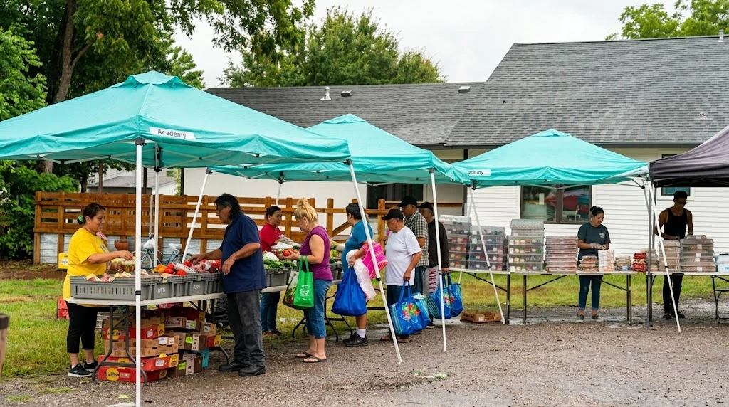 Volunteers under canopy tents handing out fresh produce and groceries to neighbors with shopping bags